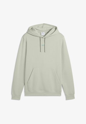 Sweat à capuche Puma gris clair avec poche avant, capuche à cordon et petit logo centré sur la poitrine.