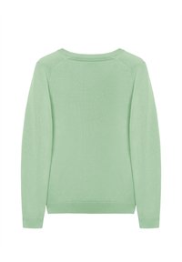 Pull vert clair à manches longues avec un col rond, vu de dos sur un fond blanc.