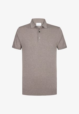 Kurzärmliges Polo-Shirt aus hellbraunem Baumwollmix, mit Knopfleiste, geripptem Kragen und Saum. Glatte Textur mit minimalen Details.
