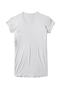 White T-shirt with a v-neck design, short sleeves, and a smooth, lightweight texture. Features seamless armholes and a classic fit.