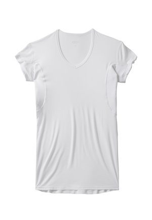 White T-shirt with a v-neck design, short sleeves, and a smooth, lightweight texture. Features seamless armholes and a classic fit.