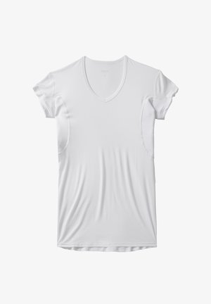 Weißes T-Shirt mit V-Ausschnitt, kurzen Ärmeln und einer glatten, leichten Textur. Verfügt über nahtlose Armlöcher und eine klassische Passform.