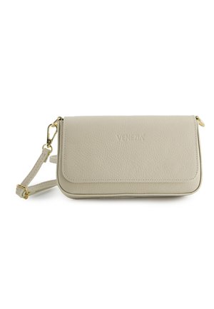 Beige læder crossbody-taske med klaplukning, justerbar rem og præget "VENEZIA"-logo på fronten.