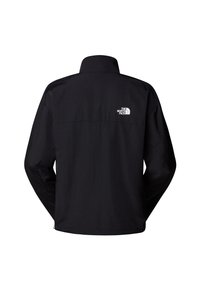 Veste noire à manches longues avec col montant, montrant le dos avec un petit logo blanc The North Face sur le côté supérieur droit.