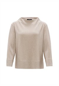 Beige Rippstrickpullover mit Mock-Neck, langen Ärmeln und lockerer Passform. Der Stoff hat einen leicht metallischen Glanz und eine glatte Textur.