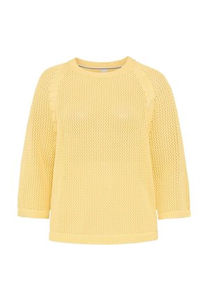 Maglione giallo lavorato a maglia con maniche lunghe, scollo rotondo e motivo a trama aperta e testurizzata su tutto il tessuto.