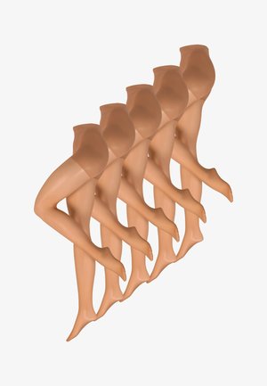 Naadloze panty in huidskleur, in een rij weergegeven, met een doorschijnende textuur, een hoog elastiek en een verstevigde teen.