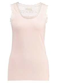 Ljusrosa ribbad linne med spetskant vid halsringningen och ärmslut. Mjuk struktur med en figurnära passform.