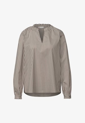 Blouse rayée marron avec un décolleté en V, manches longues et poignets élastiques. Fabriquée en tissu léger à texture lisse.