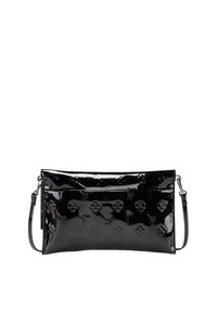 Borsa in pelle verniciata nera con motivo floreale in rilievo, forma rettangolare, finitura lucida e tracolla rimovibile.