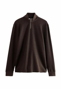 Pull en maille foncé avec col zippé, manches longues et tissu texturé. Doté d'une fermeture éclair au niveau du col pour un ajustement réglable.