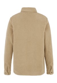 Giacca in felpa di colore beige morbido. Presenta un colletto e dettagli con bottoni sulle maniche, con un'esterno testurizzato e peloso.