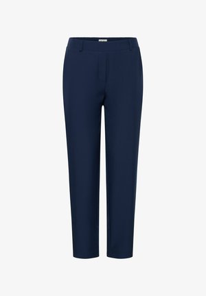 Tumed sinised püksid sirge lõikega, lame eesmine osa, kaks küljetaskut ja sile kangasteksts.