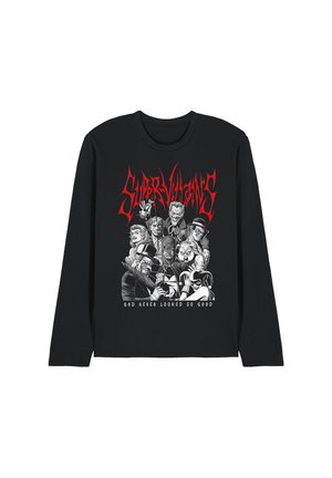 Black long-sleeve shirt with graphic of comic villains and red text "Super Villains" and white text "Bad never looked so good" on the front.