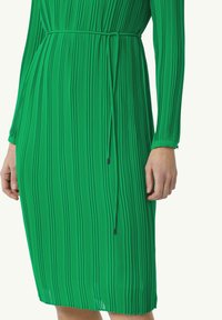 Robe plissée verte à manches longues, dotée d'une taille cintrée et d'une texture lisse. Le tissu présente des rayures verticales et une longueur sous le genou.