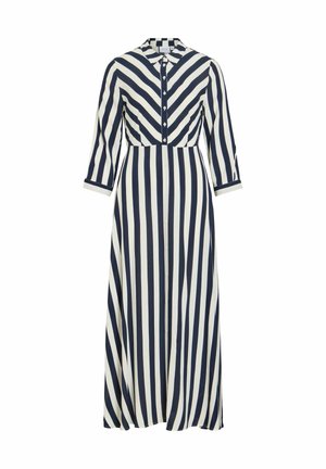 Pikkade varrukatega maksi kleit must-valgete vertikaalsete triipudega seelikuosas ja ševroontriipudega ülakehas, eest nööbitav ja kraega.