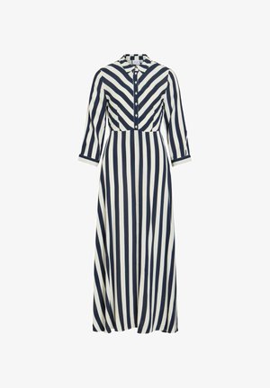 Hosszú ujjú maxiruha fekete-fehér függőleges csíkokkal a szoknyán és halszálka mintás csíkokkal a felsőrészen, gombos elejű és galléros.