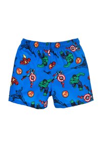 Blue swim shorts featuring an all-over print of superheroes, including Hulk and Iron Man, with a stretch waistband and vibrant colors.