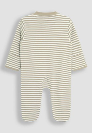 Ribaga beebiroosa kreemja ja heleda pruuni värviga, pikkade varrukatega, ümmarguse kaelusega ja kattega jalgadega; pehme puuvillane materjal, nööbid.