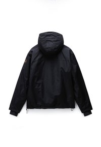 Schwarze Kapuzenjacke mit langen Ärmeln, elastischen Bündchen und einem Patch am oberen Ärmel, von hinten auf weißem Hintergrund gezeigt.