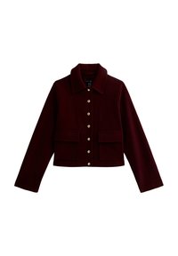Bordeauxfarbene cropped Jacke mit einem Kragen, goldfarbenen Knöpfen und zwei aufgesetzten Taschen vorne. Hergestellt aus weichem Stoff mit glatter Textur.