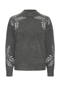 Hallideheh grey-sweater, millel on valged tikandid lehtede mustriga õlgadel ja varrukatel. Valmistatud pehmest, tekstureeritud kangast.