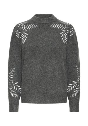 Pull gris à col montant, orné de motifs de feuilles brodés en blanc sur les épaules et les manches. Fabriqué en tissu doux et texturé.