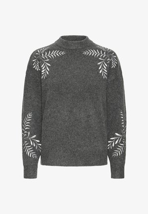 Pull gris à col montant, orné de motifs de feuilles brodés en blanc sur les épaules et les manches. Fabriqué en tissu doux et texturé.