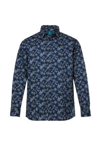 Herren Langarmhemd mit dunkelblauem Grund und einem hellblauen und beigen Blumenmuster.