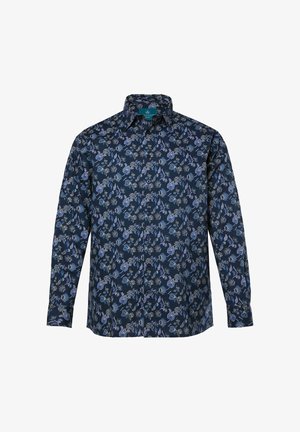 Herren Langarmhemd mit dunkelblauem Grund und einem hellblauen und beigen Blumenmuster.