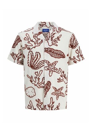 Korte mouw shirt van witte stof met een koraal- en zeelevenpatroon in roestbruin. Heeft een kraag en een knoopsluiting.