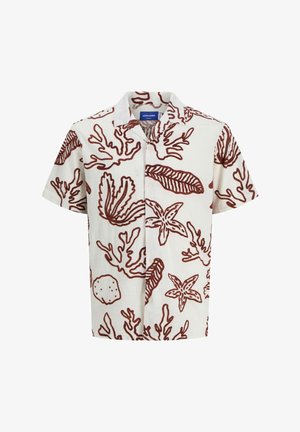 Lühikeste varrukatega valgest kangast särgil on korallide ja mereelu muster punakaspruunis. Särgil on kraega kaelus ja nööpide sulgemine.