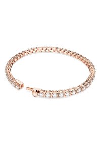 Bracciale in oro rosa dal design arrotondato, decorato con pietre chiare e brillanti lungo la fascia, e una chiusura a scatto sicura.