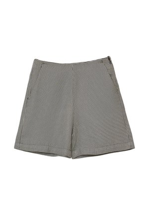 Shorts en pied-de-poule noir et blanc avec une coupe droite, deux poches latérales, une texture lisse et une taille plate.