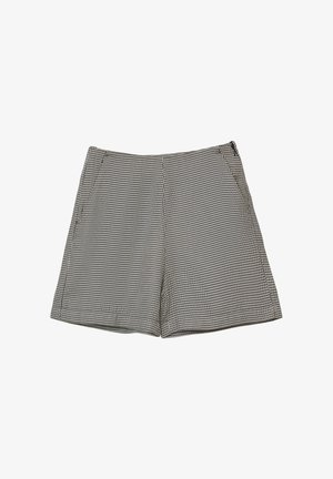 Shorts en pied-de-poule noir et blanc avec une coupe droite, deux poches latérales, une texture lisse et une taille plate.