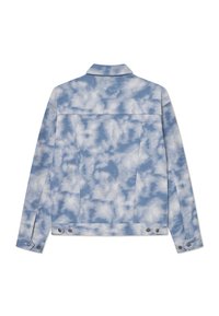Denim jacket featuring a cloud-patterned design in light blue and white, with a pointed collar and buttoned cuffs.