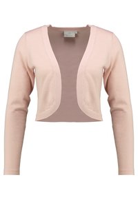 Lys pink, cropped, langærmet cardigan med åben front, buede kanter og et lille mærke indeni halsudskæringen.