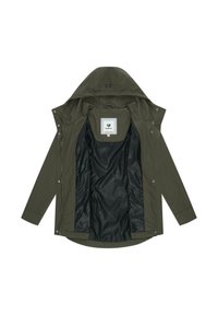 Groene olijfgroene jas met capuchon, zwarte patroonvoering aan de binnenkant, drukknoopsluitingen, rits, en een label met de tekst "ragwear" binnenin de kraag.