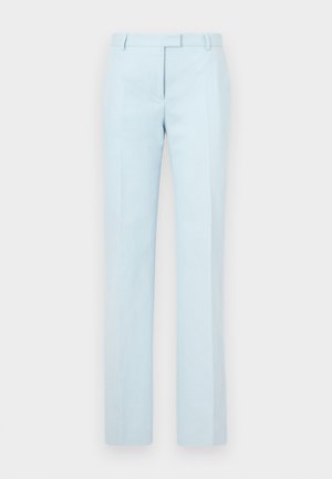 Lyseblå skræddersyede bukser med lige ben, flad front og bæltestropper. Lavet af glat stof med subtil tekstur og rene linjer.