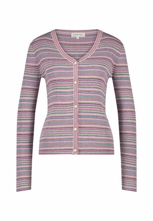 Striped cardigan in purple and pastel shades, featuring a V-neck, long sleeves, and button closure with pearl-like accents. Ribbed texture.
