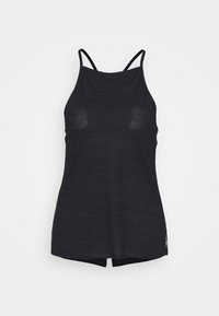 Svart atletisk linne med tunna axelband, avslappnad passform och ett strukturerat tyg. Har en rundad fåll och subtila horisontella ränder.