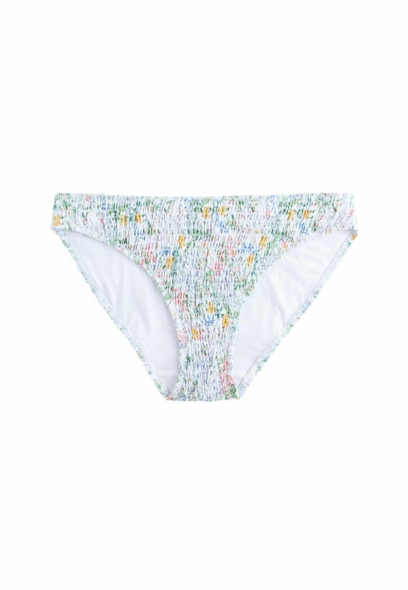 Cvečni bikini spodnji del v bež barvi z nabranim dizajnom, ki vključuje zelene in rumene poudarke. Mehak material z elastičnimi robovi za udobje.