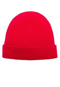 Czerwana dziana czapka beanie o prążkowanej fakturze, z wywijanym brzegiem i gładkim wyko�ńczeniem. Idealna na zimową pogodę.