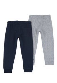 Marinblå och grå bomullsbyxor i joggerstil med elastiska midjeband, ribbade muddar och en bakficka på varje par.