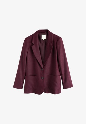 Bordo spalvos lino švarkas su dviem priekinėmis kišenėmis, dviem juodais mygtukais, atlenkiamu atvartų apykakle ir ilgomis rankovėmis, išdėstytas ant balto fono.