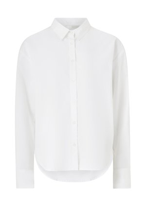 Klassisches weißes Langarmhemd mit Knopfleiste, spitzem Kragen und rundem Saum, für eine lockere Passform entworfen.