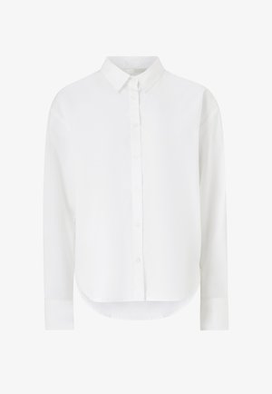 Klassisches weißes Langarmhemd mit Knopfleiste, spitzem Kragen und rundem Saum, für eine lockere Passform entworfen.