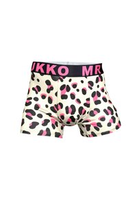 Herrboxershorts i krämfärgad tyg med ett svart och rosa leopardmönster. Elastisk midja med varumärket tryckt i fet rosa text.