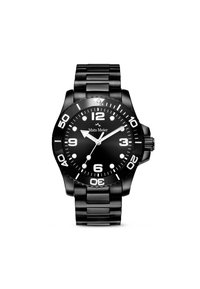 Montre pour homme avec un bracelet en métal noir et un cadran noir. Présente de grands index des heures blancs et une lunette rotative avec des indicateurs de minutes.