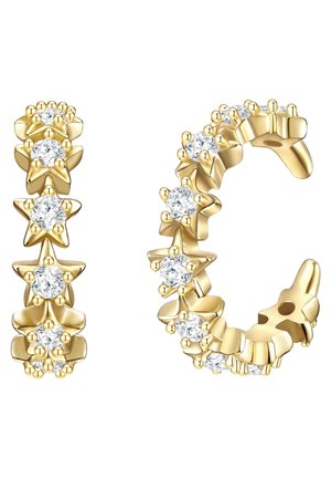 Goldene Creolenohrringe mit sternförmigen Akzenten und klaren Edelsteinen, mit einem strukturierten Design und glatter Oberfläche.